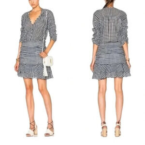Veronica Beard Campbell gingham ruched sleeve V neck mini dress